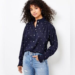 LOFT Heart Embroidery Ruffle Long Sleeve Button Down Shirt Navy Size LP